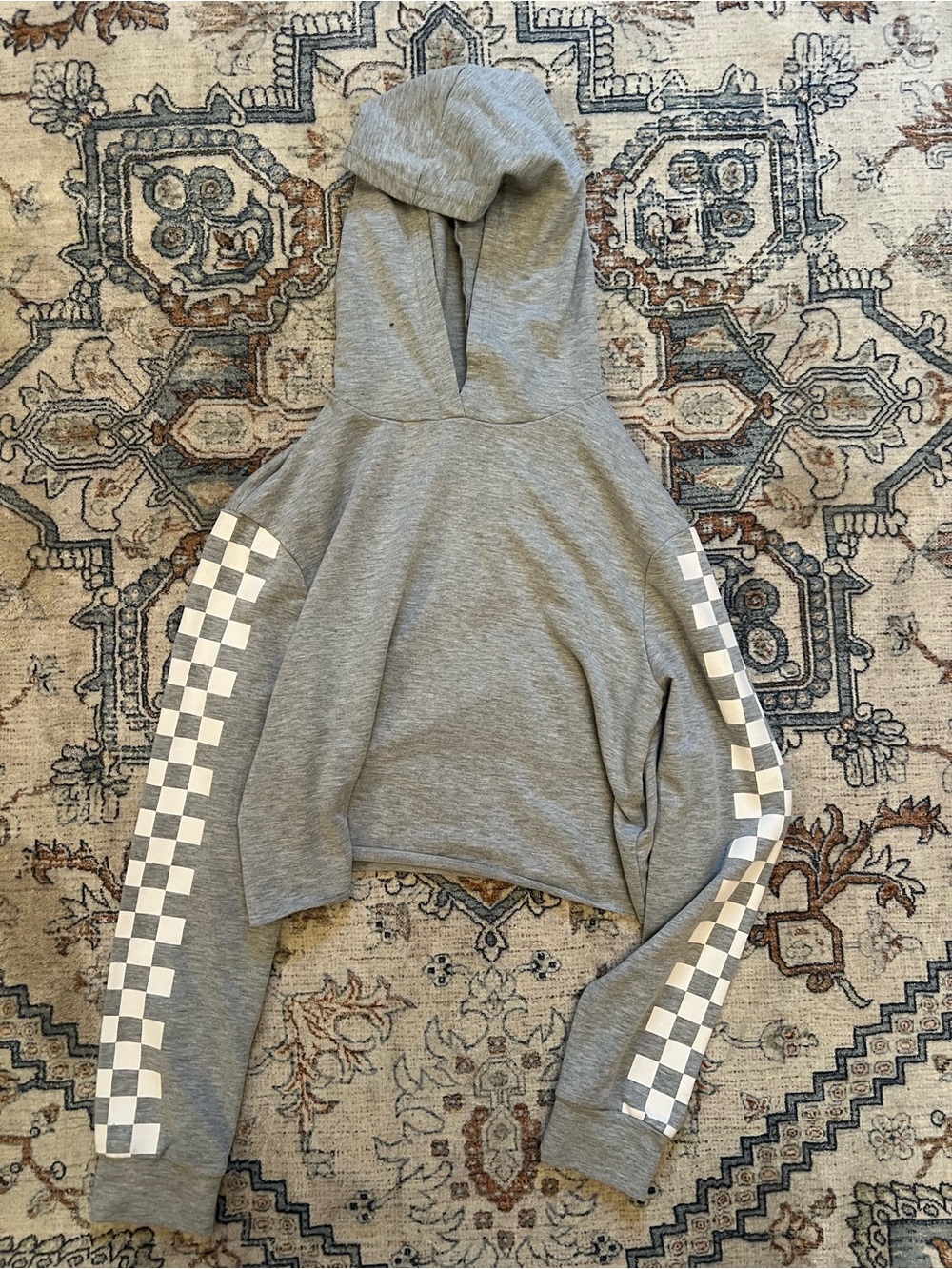 Gray Hooded Crop Sweatshirt with Checkerboard Sleeves